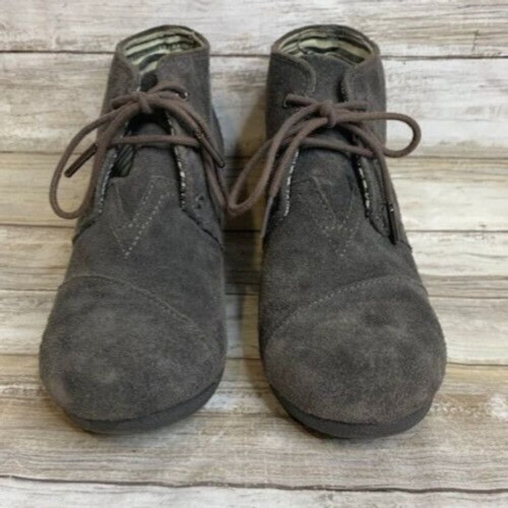Toms Ankle Wedge Booties Solid Gray Suede 8.5‎ Laced Up #300716